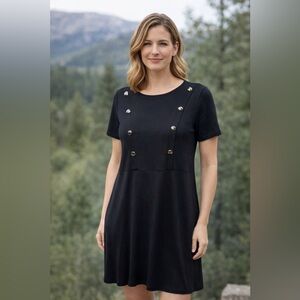 ELOQUII Black Short-Sleeve Midi Dress Sz 22 Gold-Tone Buttons Shift Style Office